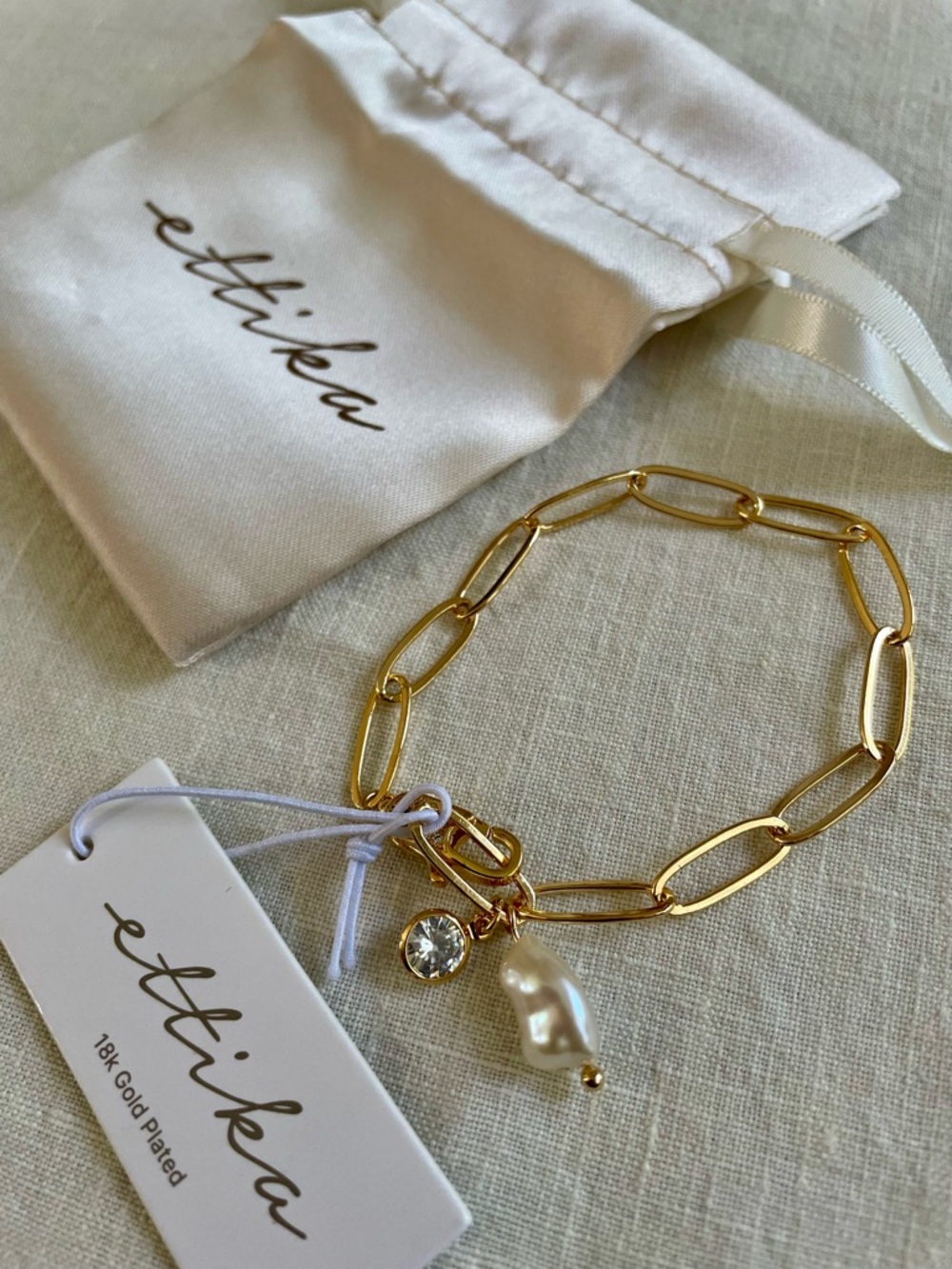 NWT ettika Gold Toned Chain Bracelet with Faux Pearl and Crystal Charm